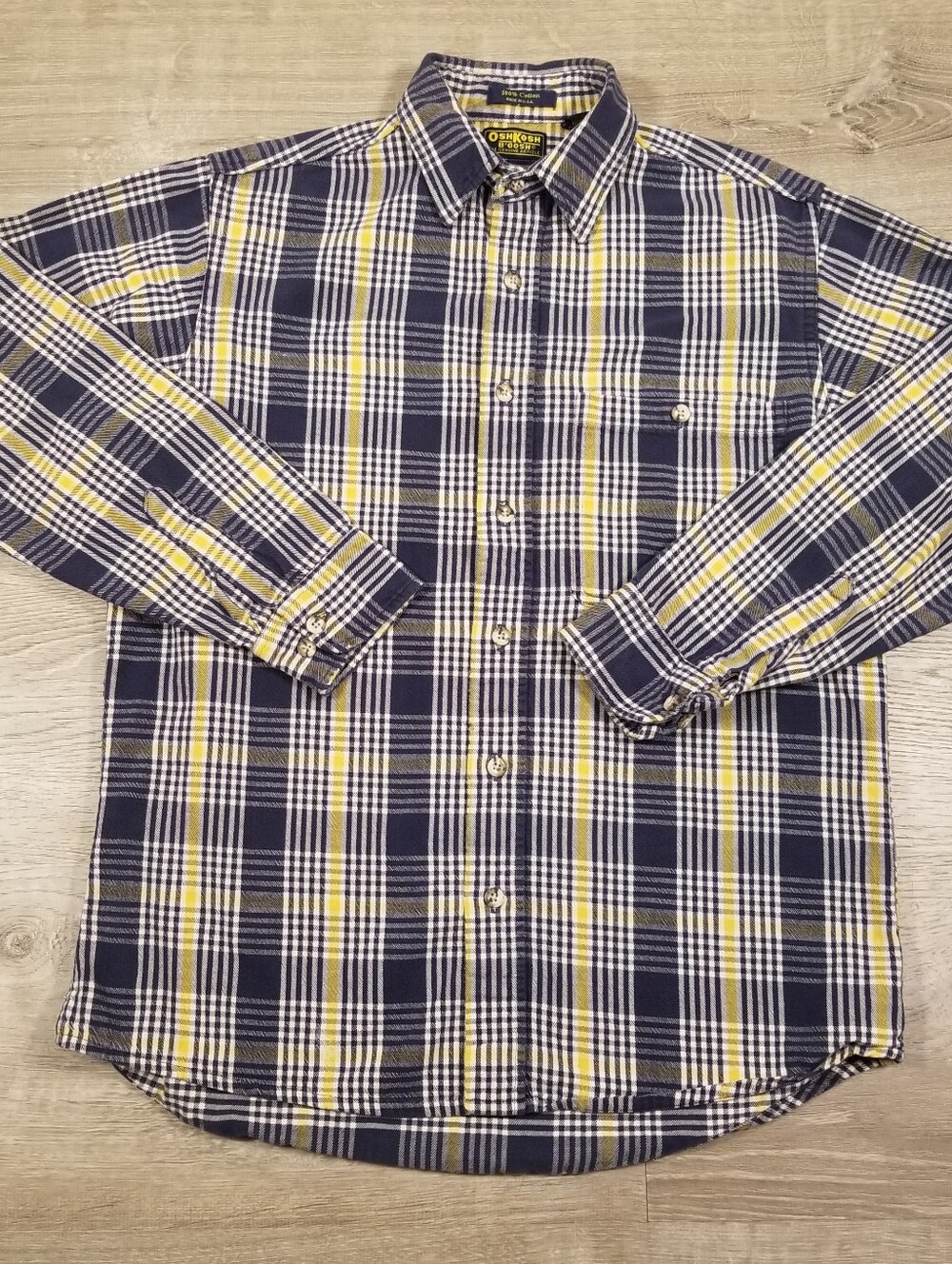 Vintage 90s Oshkosh B Gosh Mens Flannel Shirt Medium USA Plaid Blue Yellow - Picture 2 of 8